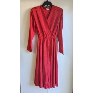 JT Dress Women's Red Black Polka Dot Wrap V-neck Long Sleeve Midi Dress Size 8